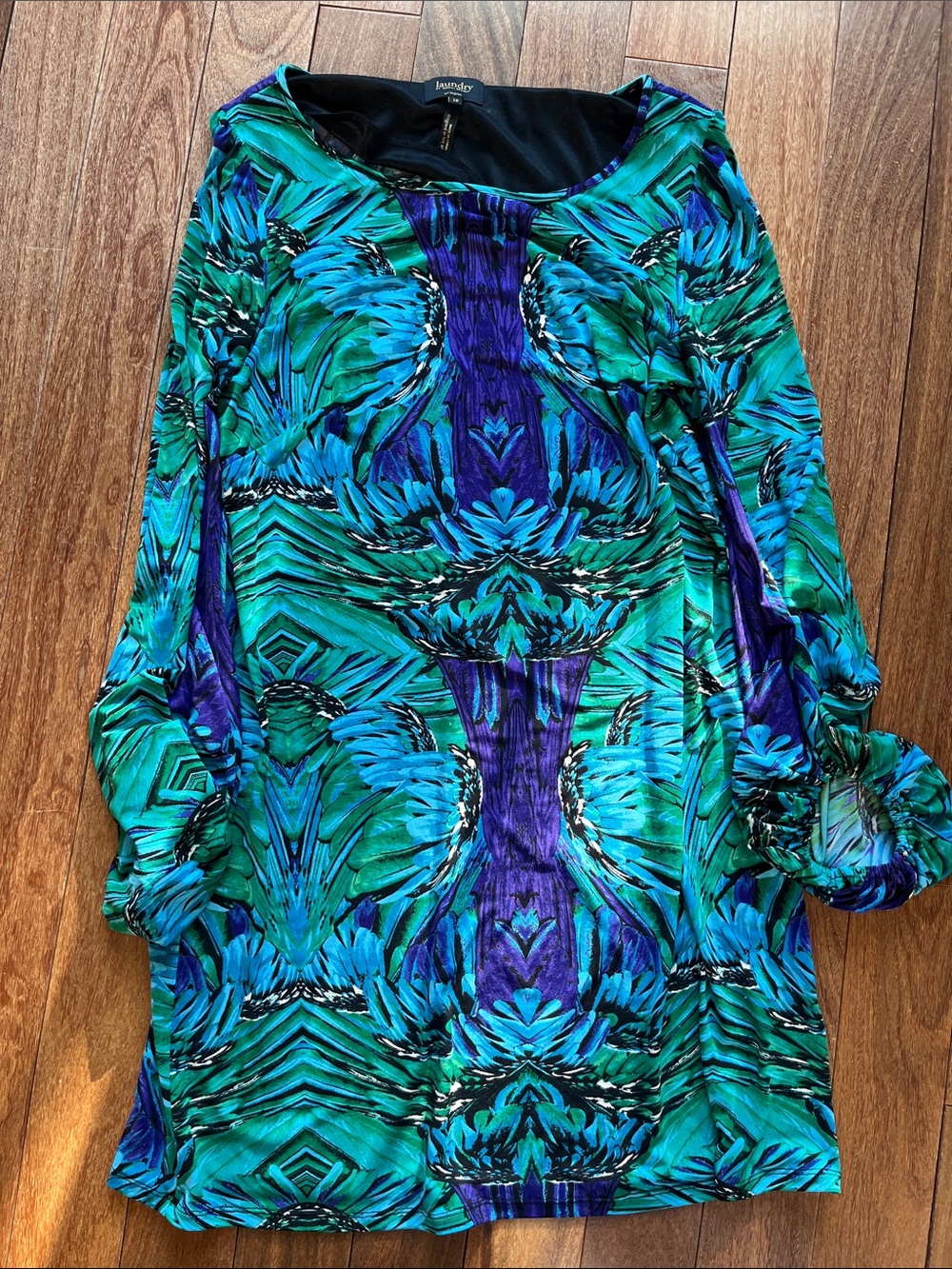 Laundry By Shelli Segal Blue and Green Printed Long Sleeve Dress